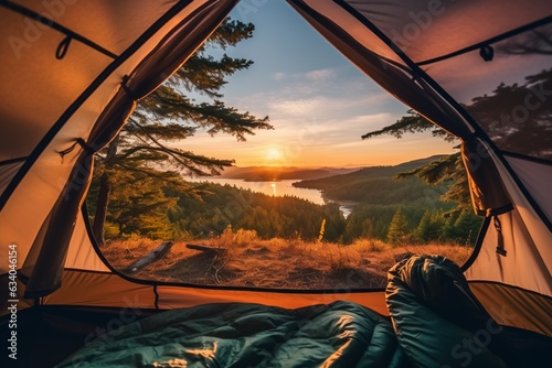 View of the serene landscape from inside a tent. Camping