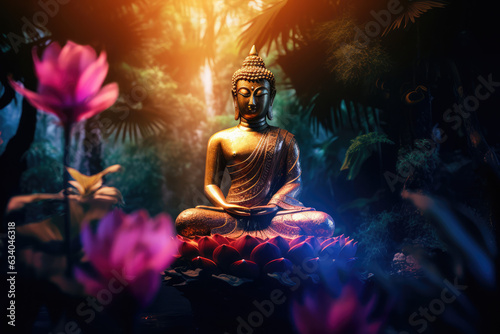 glowing Lotus flowers and gold buddha statue, generative AI 