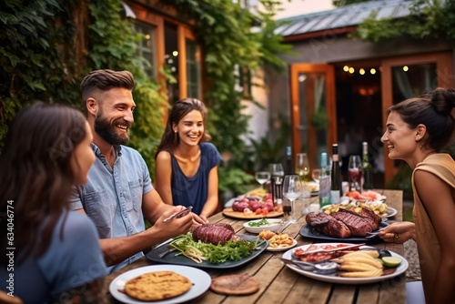 Backyard Dinner Table with Tasty Grilled Barbecue Meat, Fresh Vegetables and Salads. Happy Joyful People , Celebrating and Having Fun in the Background on House Porch