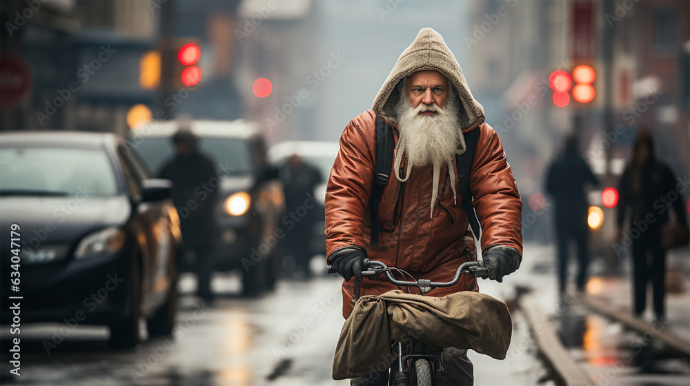an old gray-haired man rides a bicycle with a bag on the road. concept of loneliness and social support an old gray-haired man rides a bicycle with a bag on the road. concept of loneliness and social support