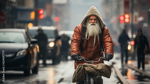 an old gray-haired man rides a bicycle with a bag on the road. concept of loneliness and social support
