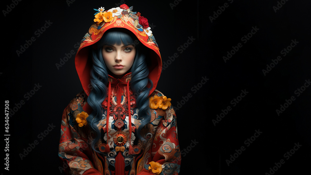 Fashion Frau mit Futuristischer bunter Designer Jacke und Kaputze Porträt, ai generativ Fashion Frau mit Futuristischer bunter Designer Jacke und Kaputze Porträt, ai generativ