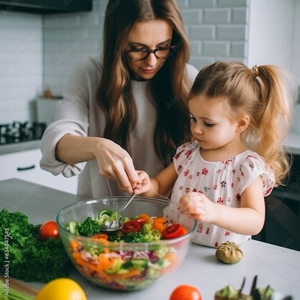 Mom teaches baby girl daughter how to cook salad, cute family photo