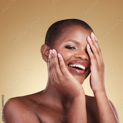 Black woman, hands and face, happy and beauty with natural cosmetics and manicure isolated on studio background. African model, nail care and smile, makeup and dermatology with skincare and glow