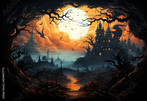 Halloween background with spooky castle in the forest, vector illustration