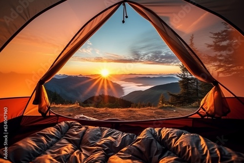 View of the serene landscape from inside a tent. Camping