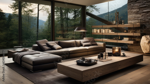 Generative ai illustration of light timber and stone finish Living room