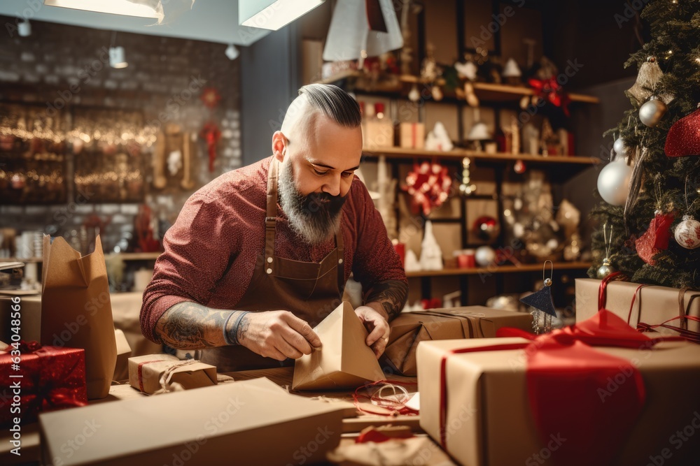 Man packing bunch of christmas gifts in decorated gift shop. Xmas spirit idea