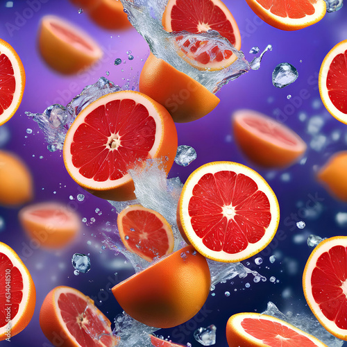 Grapefruit halves with water splashes on purple background.