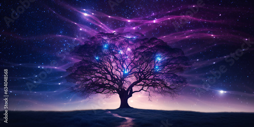 abstract tree at night with starry sky in purple blue lights