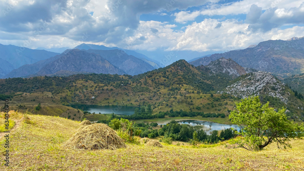 View from the height of the lakes, mountains, ridges and slopes of the Sary Cheleksky State Biosphere Reserve. Panorama of the summer landscape. 
