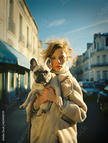 a young girl carries her french bulldog in her arms with affection photo