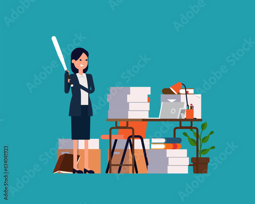 Angry worker breaks and the desk littered with documents. Deadline concept