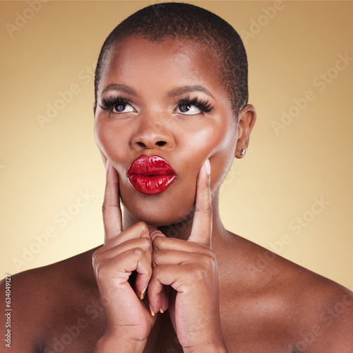 Canvas Print Beauty, makeup and a black woman with red lipstick in studio for skin care, glow and cosmetics