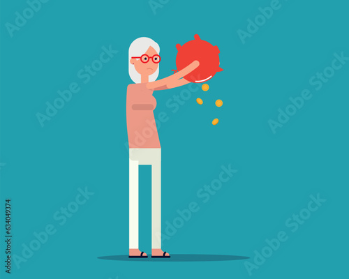 Senior woman with piggy bank. Financial crisis concept, Vector illustration in cartoon style design