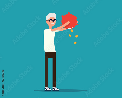 Senior man with piggy bank. Financial crisis concept, Vector illustration in cartoon style design