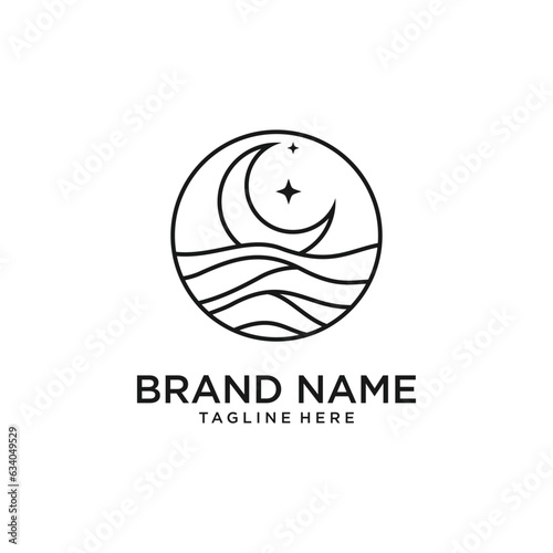 Line logo art Crescent moon and stars above the sea or ocean in the night sky