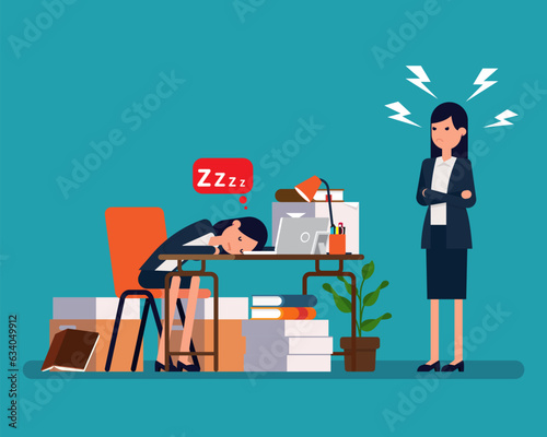 Tired office worker asleep and angry boss. Office worker life concept