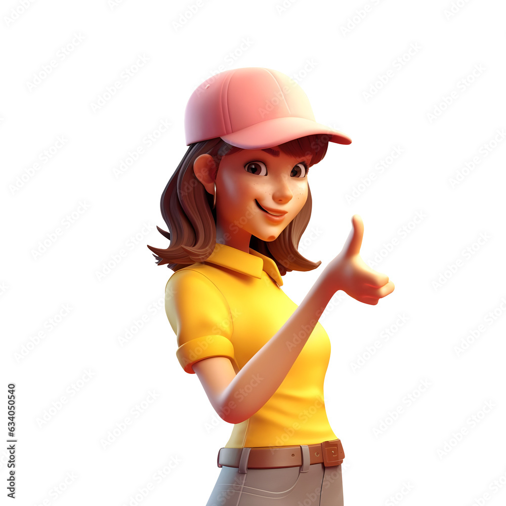3d casual cute girl okay gesture, 3D Render of Girl Wearing Sporty Outfit and Pink Cap and giving thumbs up, minimal character render isolated on transparent background 3d casual cute girl okay gesture, 3D Render of Girl Wearing Sporty Outfit and Pink Cap and giving thumbs up, minimal character render isolated on transparent background