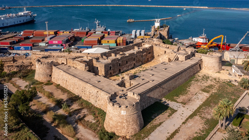 Famagusta, Northern Cyprus - Aerial view of Famagusta (Gazimagusa), View on the Famagusta Port from The Old town wall of Famagusta , Palm Beach, Othello castle