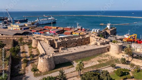 Famagusta, Northern Cyprus - Aerial view of Famagusta (Gazimagusa), View on the Famagusta Port from The Old town wall of Famagusta , Palm Beach, Othello castle