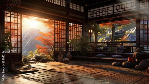 japanese tradional house with garden in the morning background with butterfly.  seamless looping time-lapse virtual video 4k animation background. photo