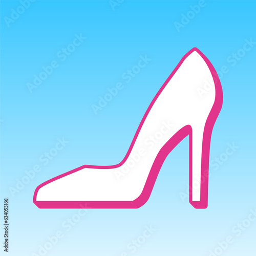 Woman shoe sign. Cerise pink with white Icon at picton blue background. Illustration.