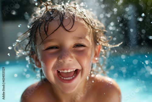 Happy child splashes and plays in a swimming pool © Mateusz