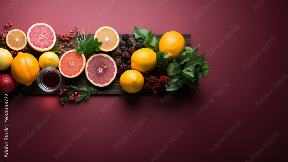 Grapefrucht und Zitrone mit Blumen dekoriert und pink Hintergrund als Querformat für Platzhalter, ai generativ Grapefrucht und Zitrone mit Blumen dekoriert und pink Hintergrund als Querformat für Platzhalter, ai generativ