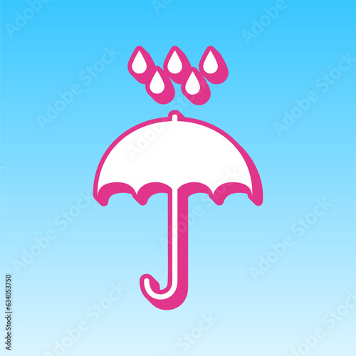 Umbrella with water drops. Cerise pink with white Icon at picton blue background. Illustration.