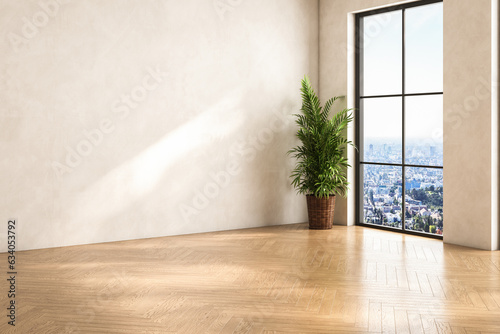 Modern interior design of apartment, empty living room with beige wall, panorama. 3d rendering