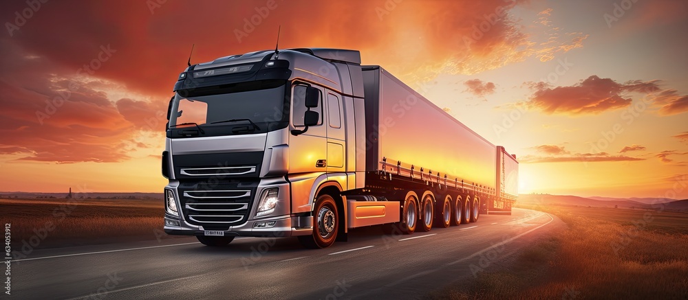 Truck carrying cargo with sunset background copy space - obrazy, fototapety, plakaty 