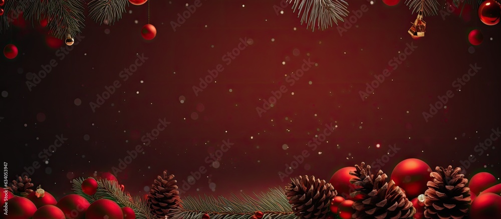 Christmas background with red color fir branches and ornaments