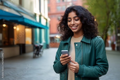 Young smiling Indian woman walking in the city woman holding phone