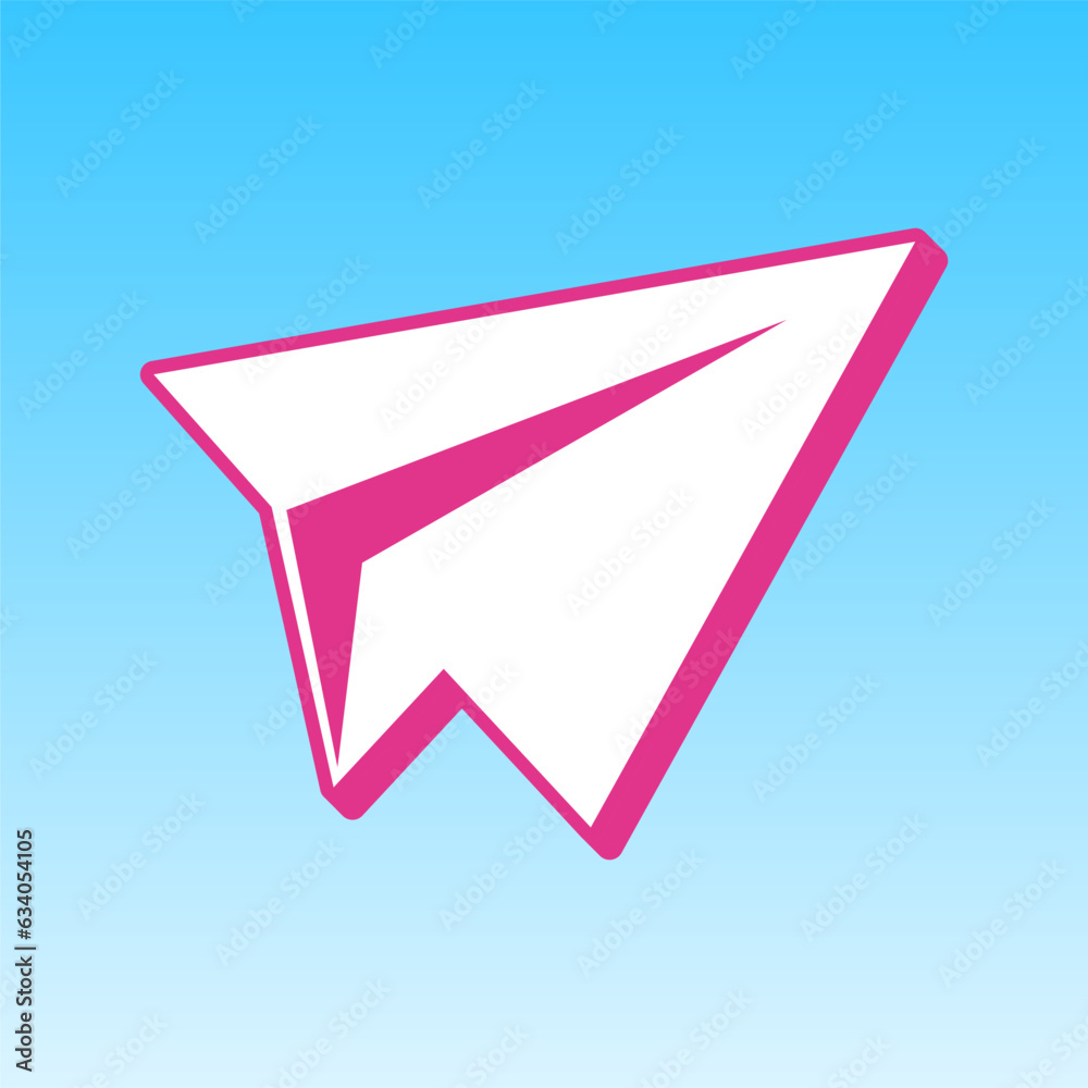 Paper airplane sign. Cerise pink with white Icon at picton blue background. Illustration.