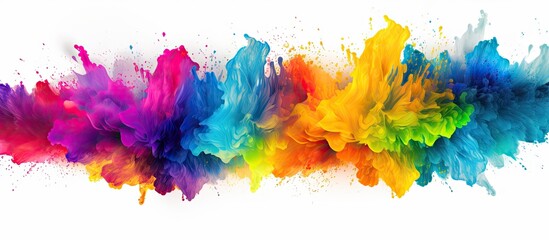 Isolated white background with colorful Holi paint powder explosion frame border and copy space