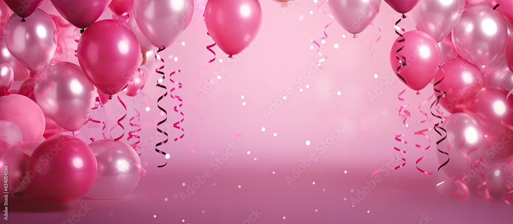 Birthday background with pink balloons confetti and streamers