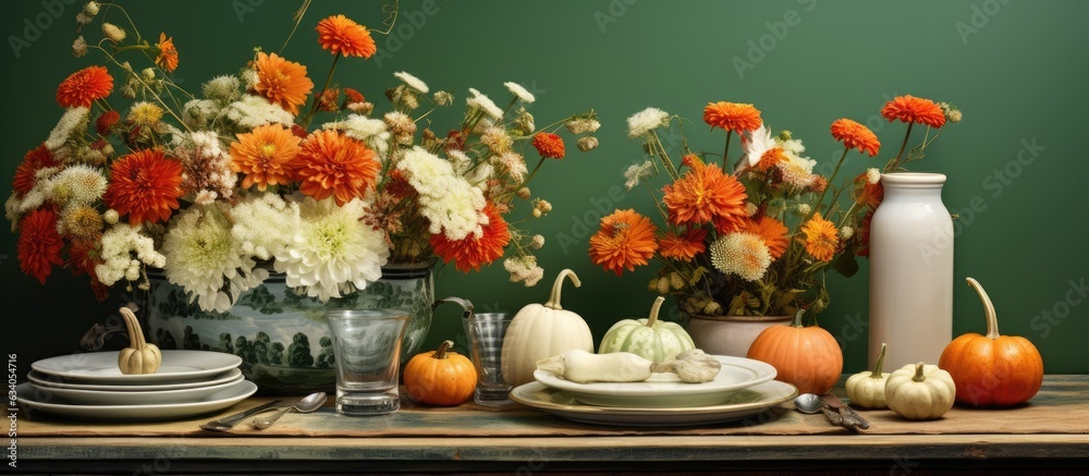 Fall themed table decor featuring pumpkins flowers and a green wall nearby
