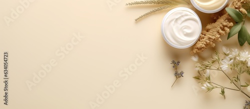 Top view of beige background with moisturizer creams dry meadow herbs and natural extract for sensitive skin photo