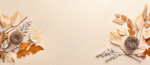 Autumn themed banner with dried leaves and flowers on a beige background Flat lay top view copy space