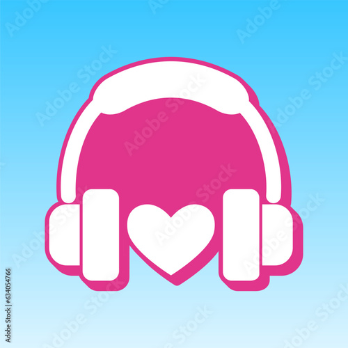 Headphones with heart. Cerise pink with white Icon at picton blue background. Illustration.