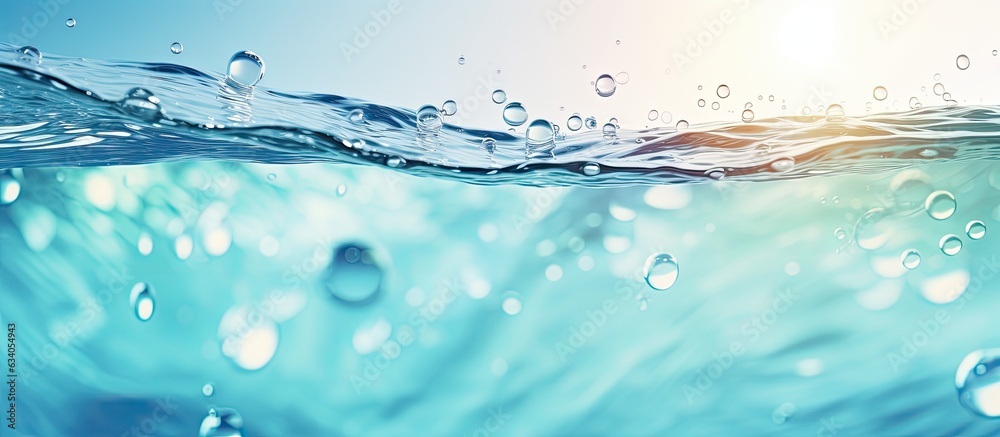 Fashionable summer scenery banner featuring blurred aqua mint liquid with splashing bubbles and space for text Sunlit water waves backdrop