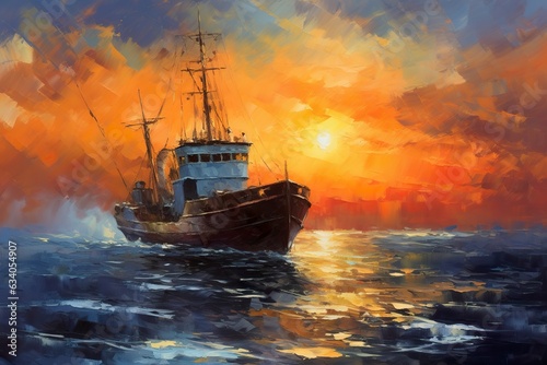 Oil Painting of a Fisherman Boat at Sunset on Sea. Sea Landscape concept.  © MdKamrul
