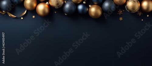 Gold Christmas decorations on blue background Xmas card template New Year banner mockup