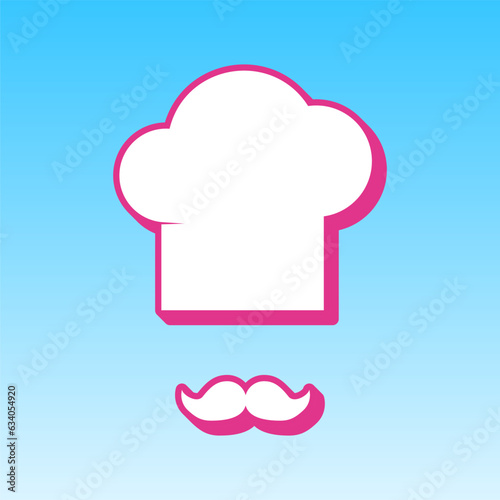Chef hat and moustache sign. Cerise pink with white Icon at picton blue background. Illustration.