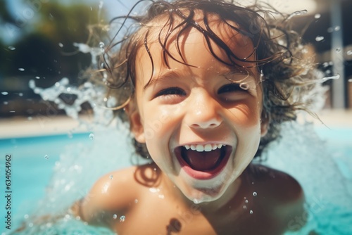 Happy child splashes and plays in a swimming pool © Mateusz
