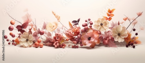 Floral decoration featuring autumn pastel colors and natural elements on a light background