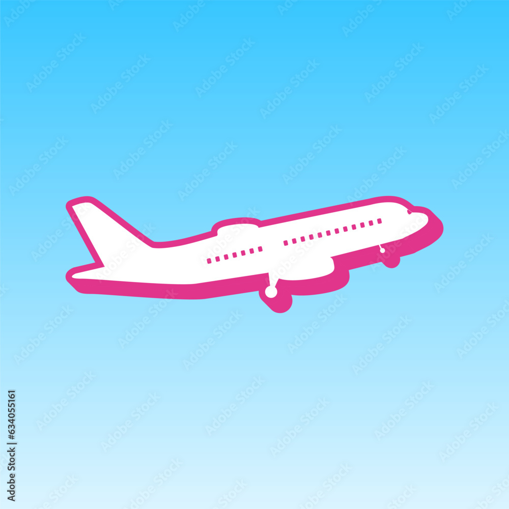Flying Plane sign. Side view. Cerise pink with white Icon at picton blue background. Illustration.
