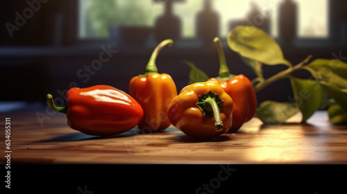 bonette peppers on wooden table in kitchen, generative ai photo