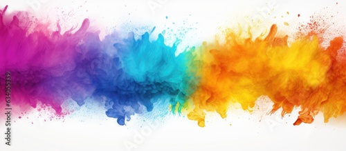 Isolated white background with colorful Holi paint powder explosion frame border and copy space
